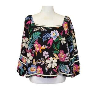 C & C California black floral linen top, XL, bohemian, festival, folksy, flowy